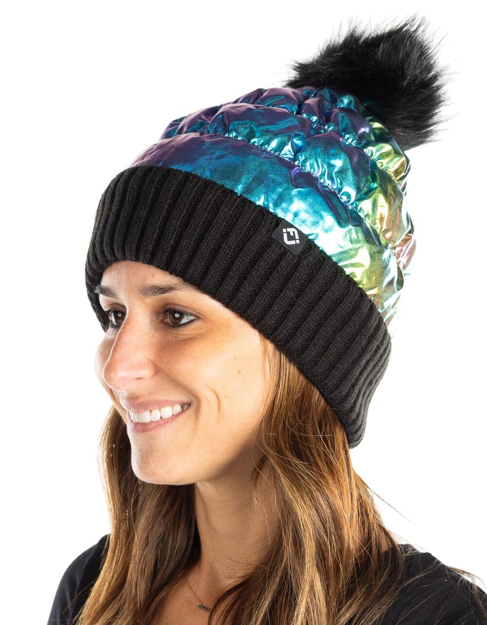 2154 Metallic Puffer Beanie Pom Hat with Faux Fur Pom Pom, Warm Winter